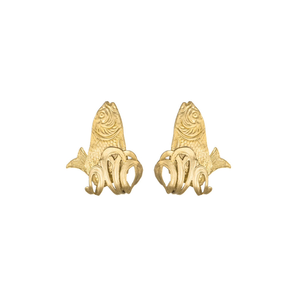 Front view of Sacred Cod hoop earrings showcasing sculptural gold brass fish design on white background