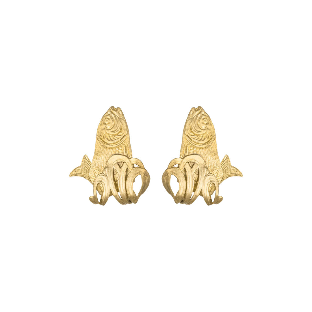 Front view of Sacred Cod hoop earrings showcasing sculptural gold brass fish design on white background