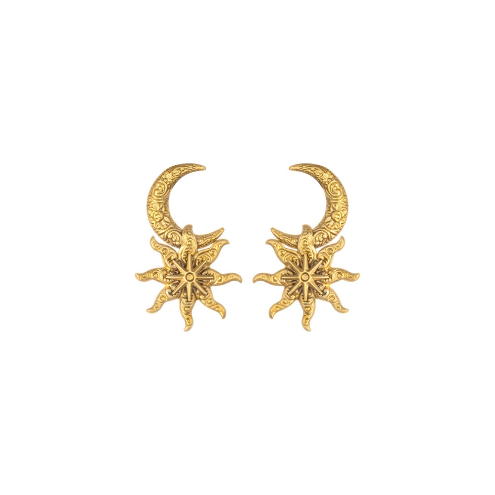 Front view of Apollo earrings showcasing engraved gold crescent moon with hanging sunburst motif on white background