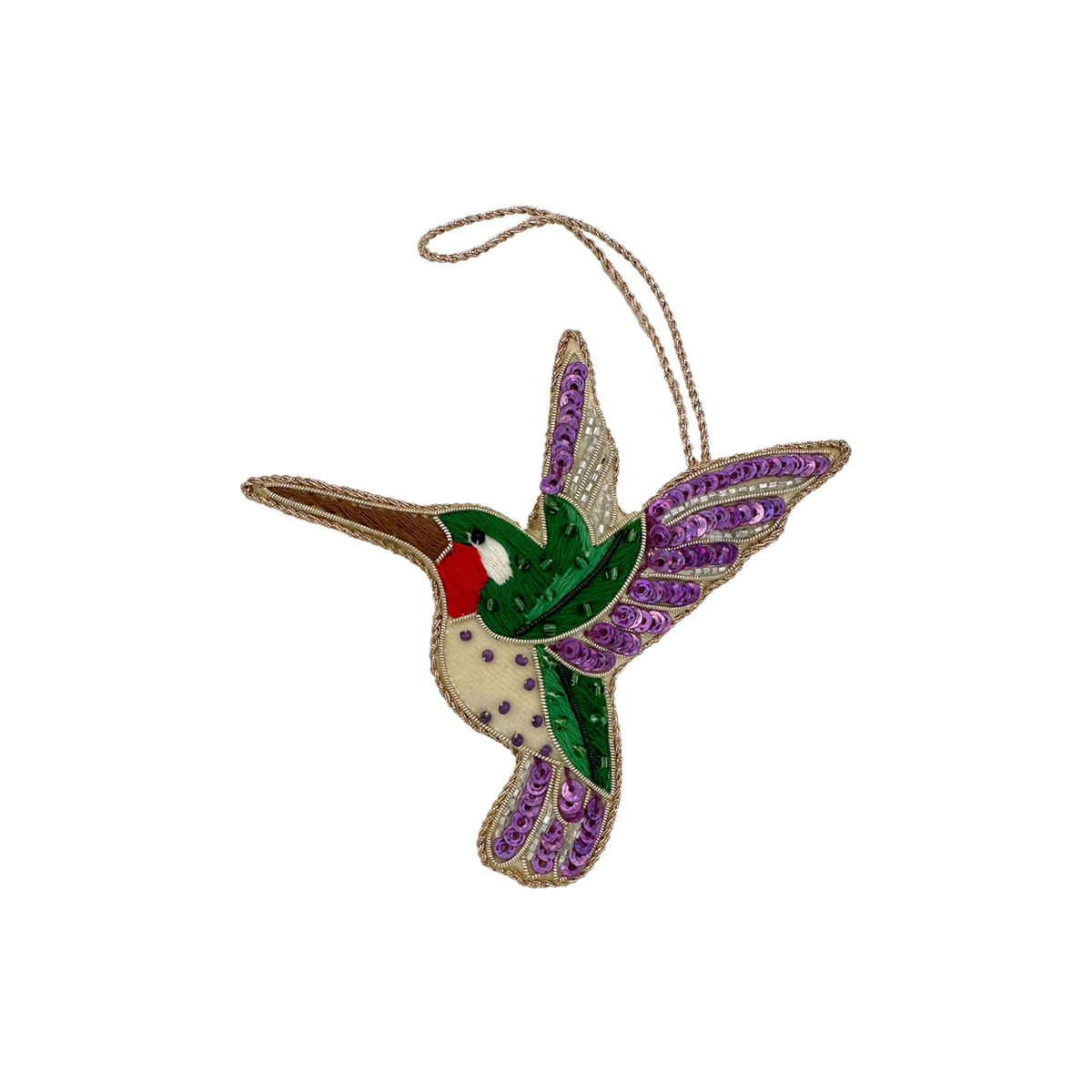 Front view of Hummingbird Purple Ornament showcasing hand-beaded purple wings and hanging loop on a white background