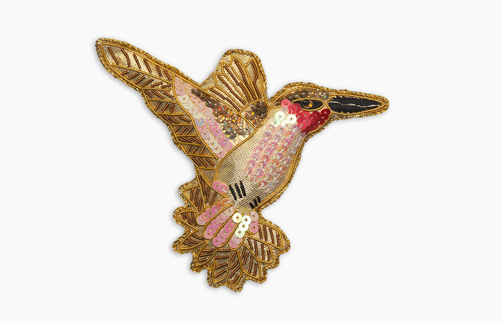 Front view of Hummingbird Ornament showcasing bead and metallic thread embroidery on velveteen with a white background
