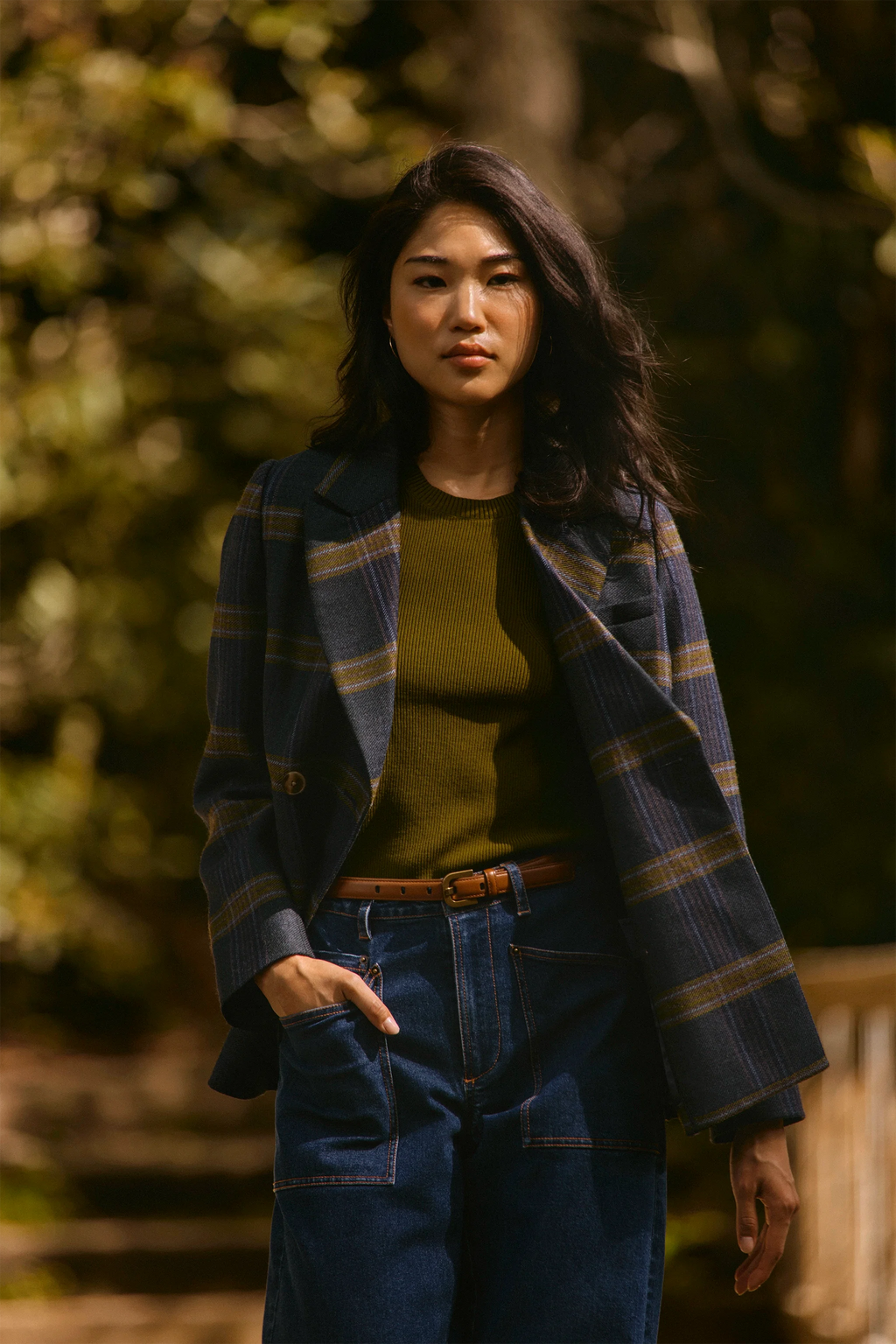 The Huntley Blazer in Stirling Plaid paired with the matching York Trouser and the Lee Top.