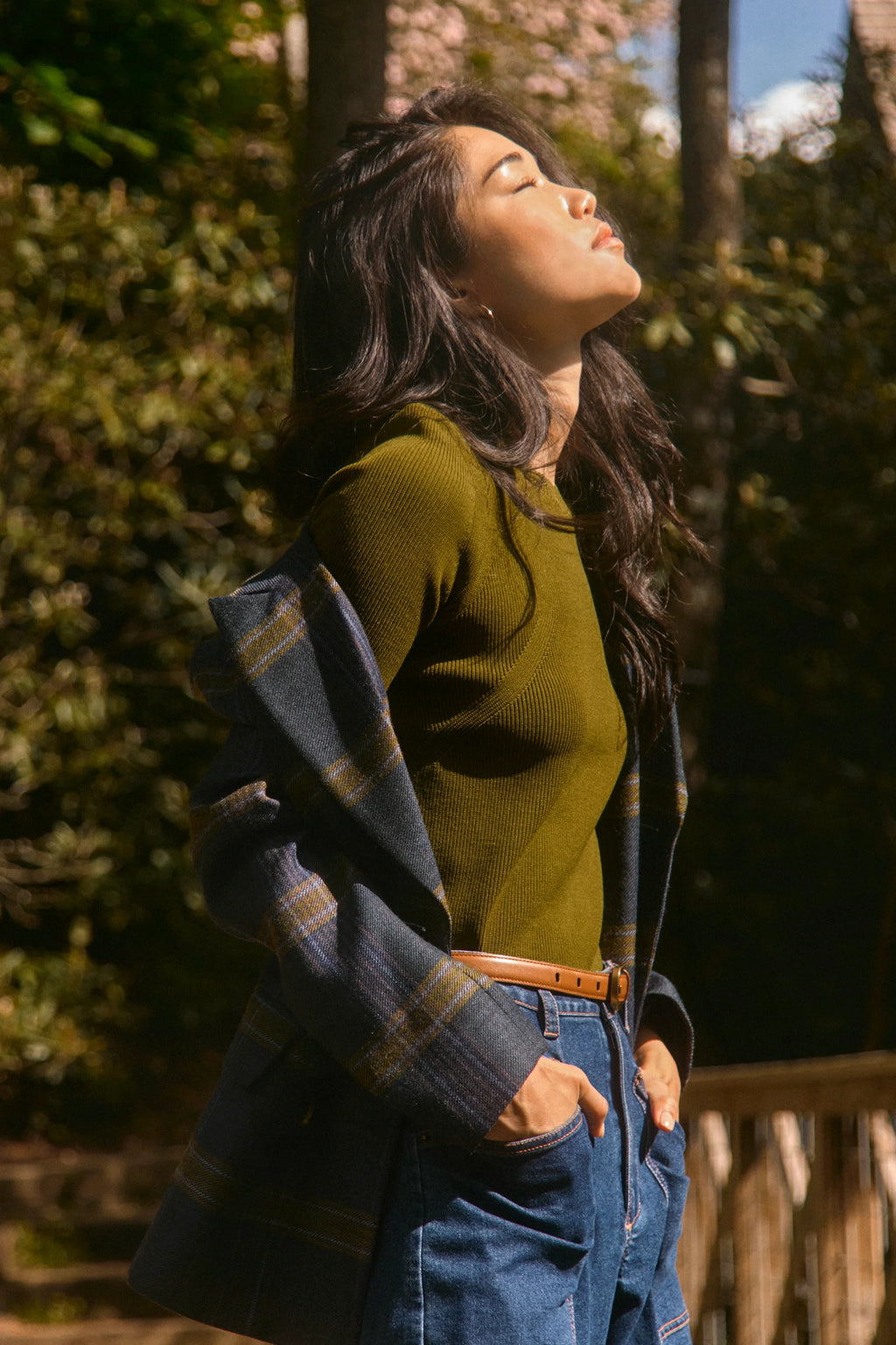 The Lee Top in pine grove paired with the Mallory Jean in Blue Ridge Denim.