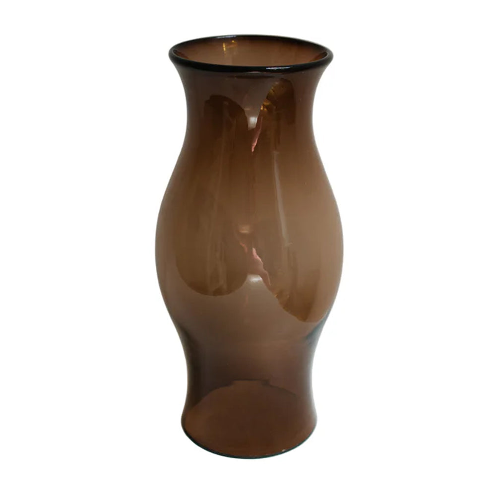 Front view of Hurricane vase showcasing softly bulbous silhouette and amethyst glass on white background