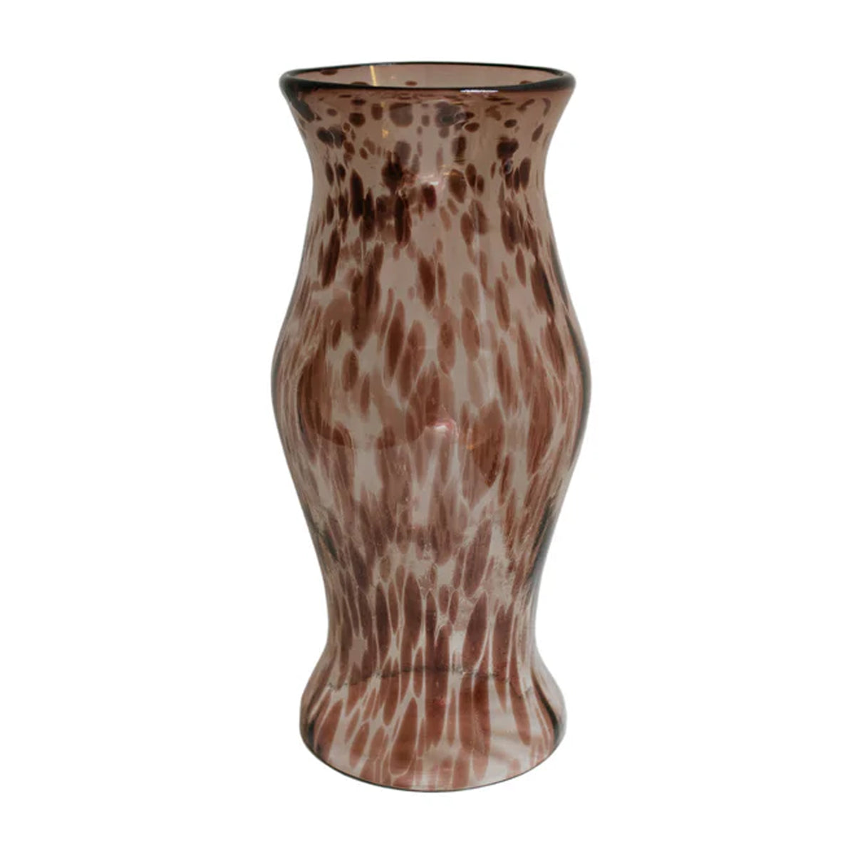 Front view of amethyst marble glass hurricane vase showing flared top, curving waist, and mottled plum and brown pattern on white background
