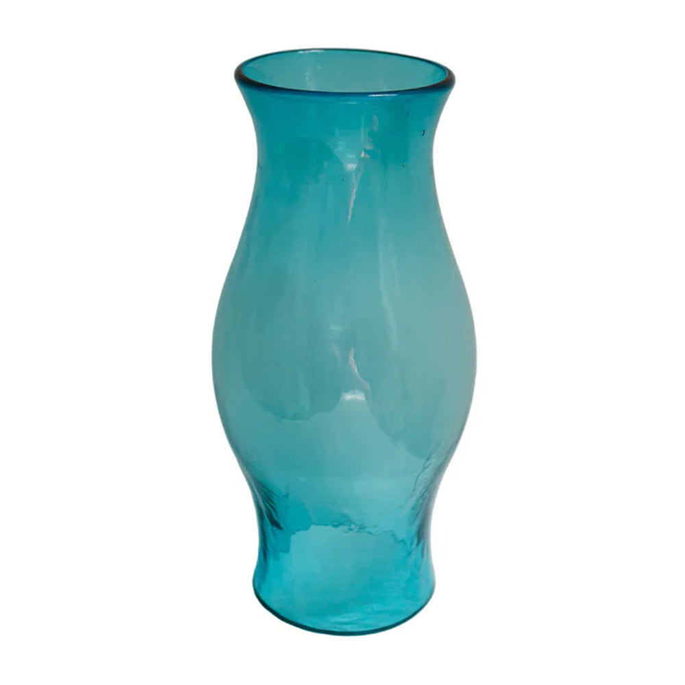 Front view of Hurricane glass vase in aqua showcasing softly bulbous silhouette and flared top on white background