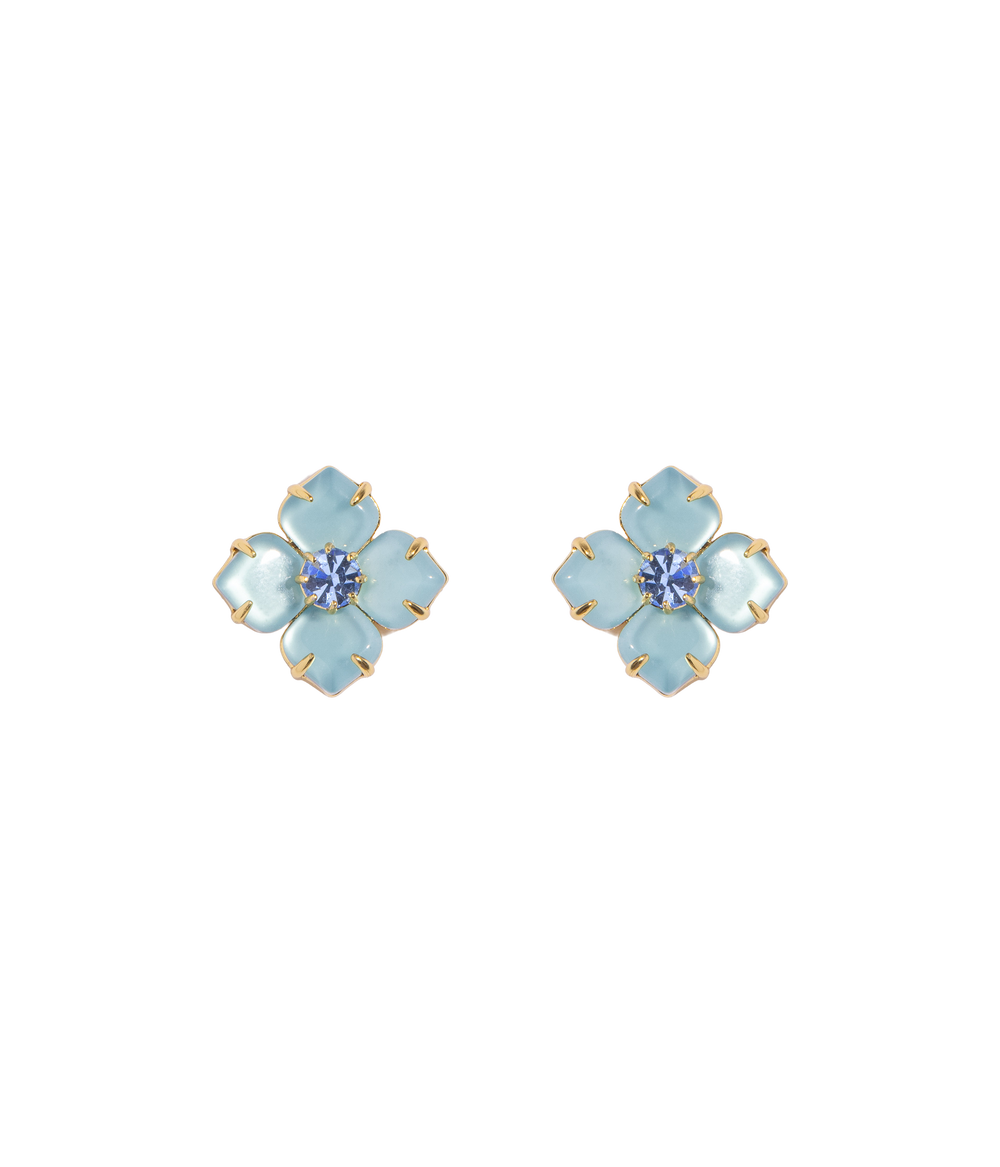 Front view of Hydrangea Studs in Aqua showcasing four milky glass petals and faceted crystal centers on a plain background