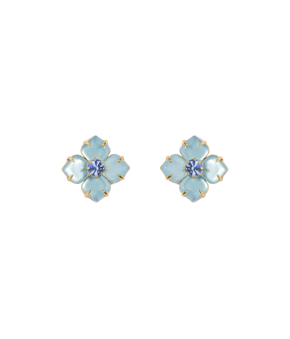 Front view of Hydrangea Studs in Aqua showcasing four milky glass petals and faceted crystal centers on a plain background