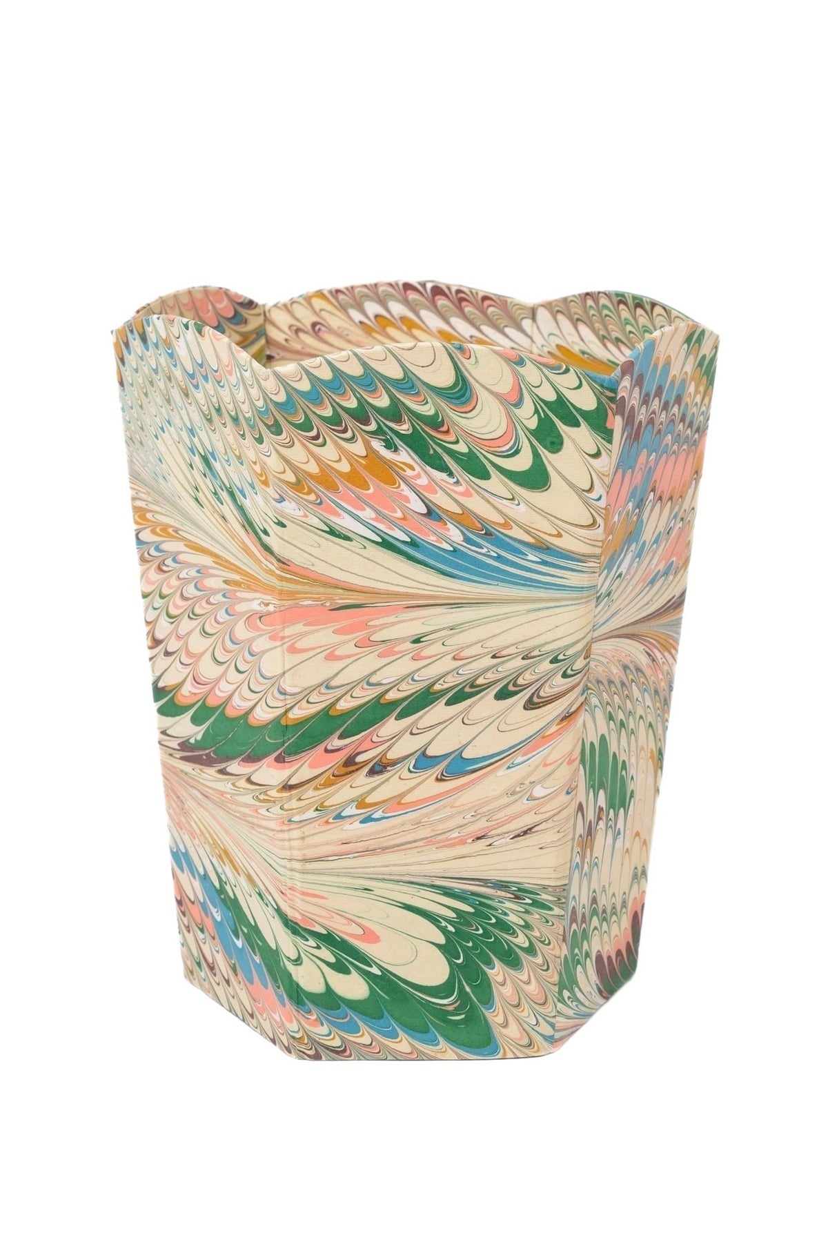 Hand-Marbled Scallop Waste Bin in Flatiron Feathers