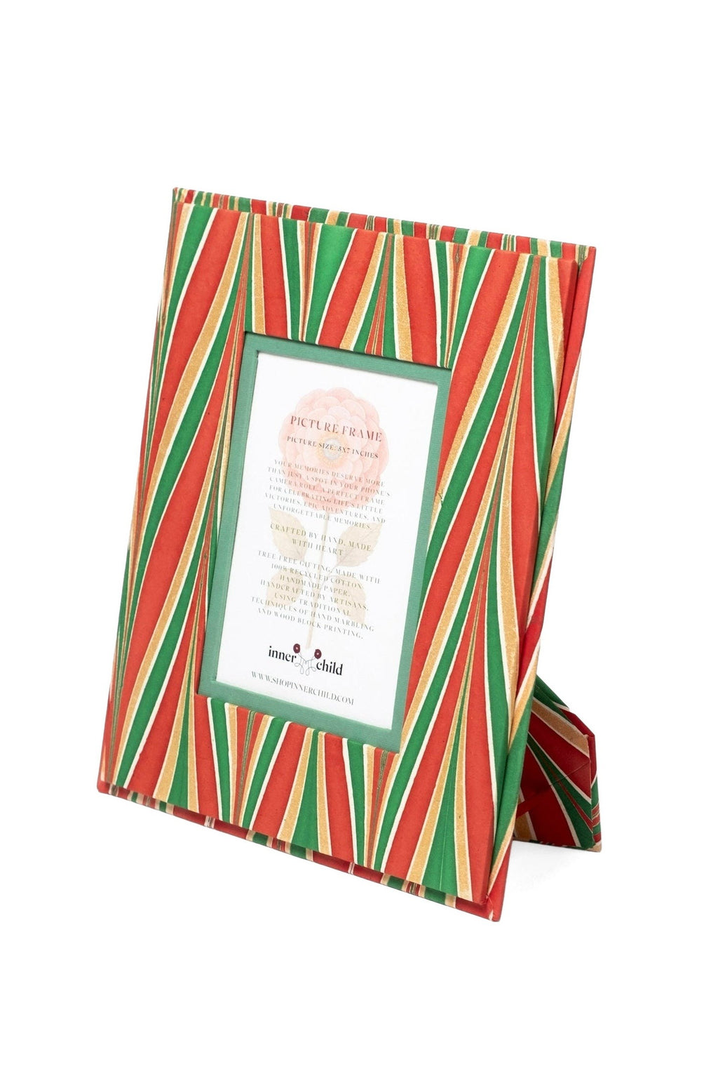 Front three quarter view of hand marbled 5x7 picture frame showcasing red green and gold striped pattern on white background