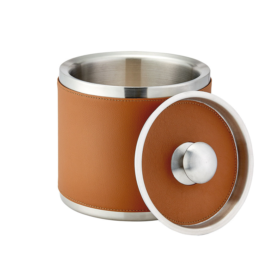 Leather Ice Bucket with Tongs in British Tan