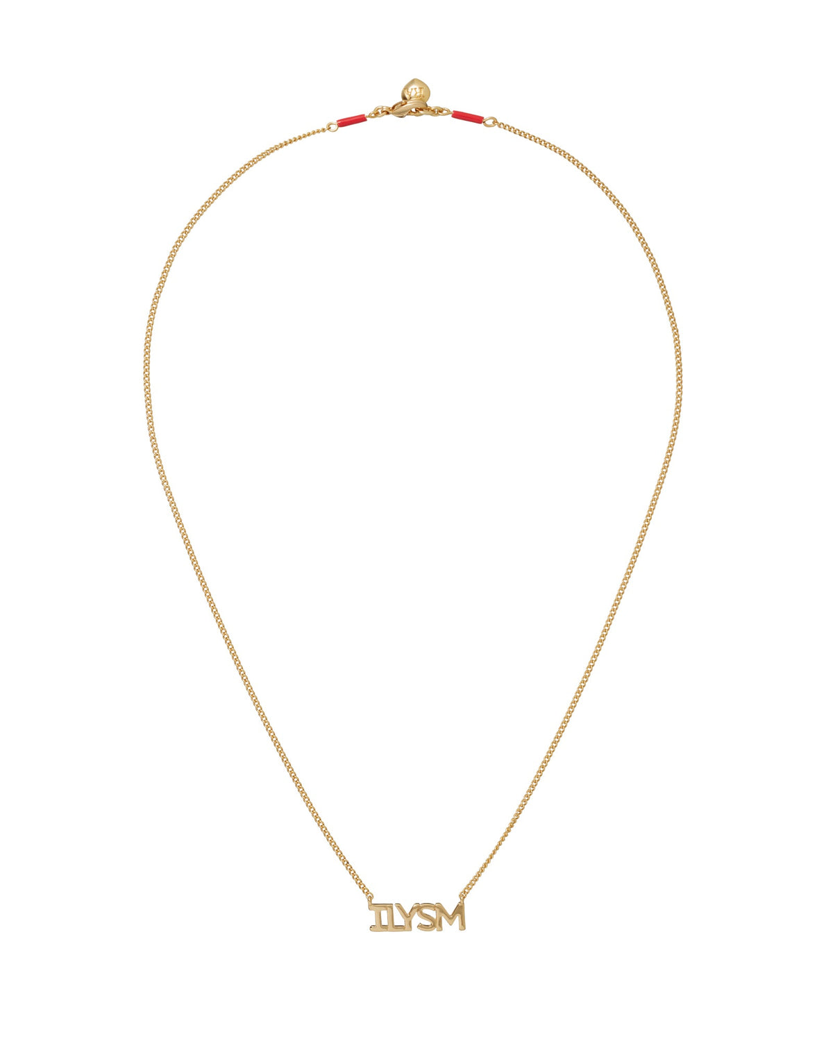 Front view of The ILYSM Pendant Necklace showcasing its gold tone chain and ILYSM enamel pendant with a white background