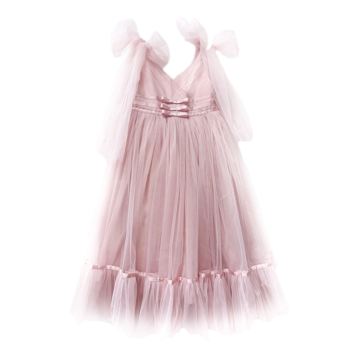 Camila Light Pink Tulle Gown with layered skirt, V-neck bodice, and delicate satin ribbon waist detail.