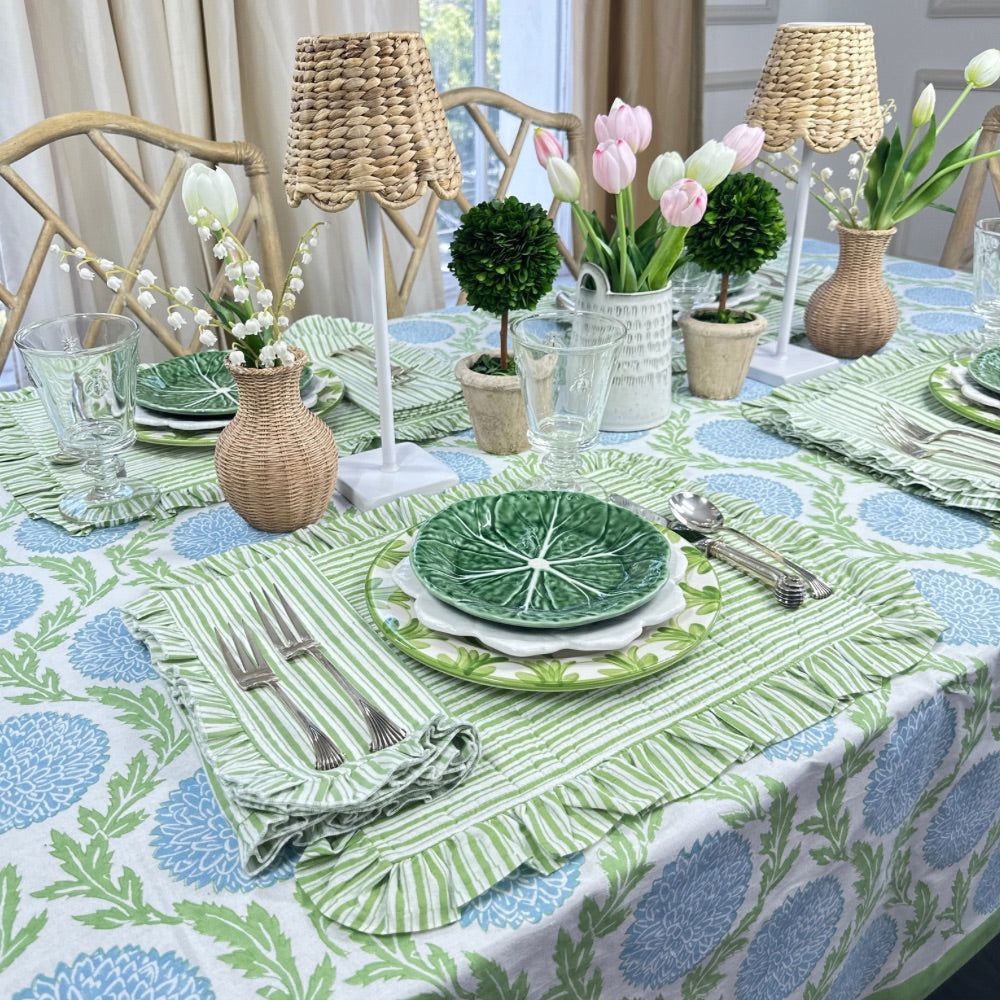 Quilted Ruffle Placemats in Green Stripe, Set of 4