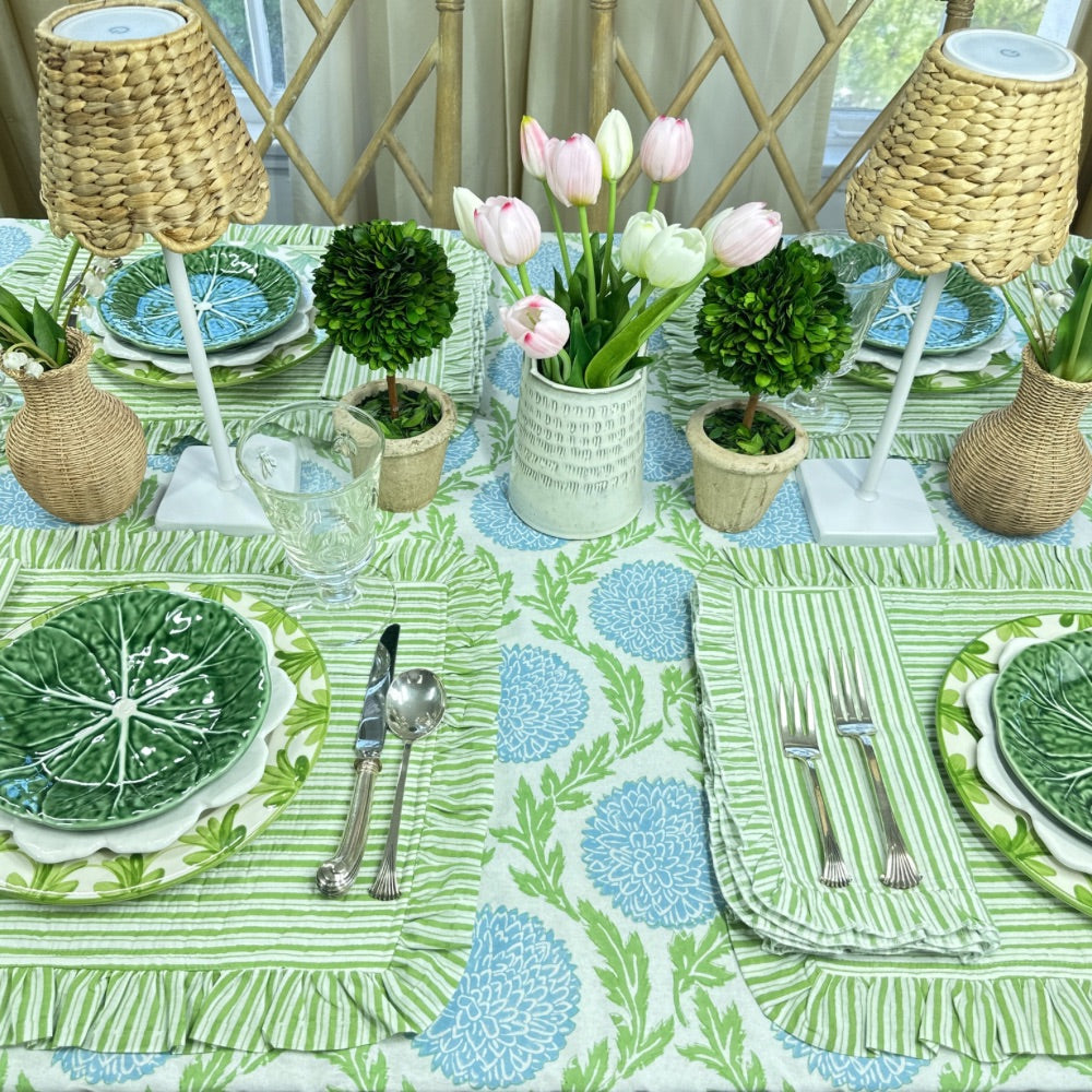 Quilted Ruffle Placemats in Green Stripe, Set of 4