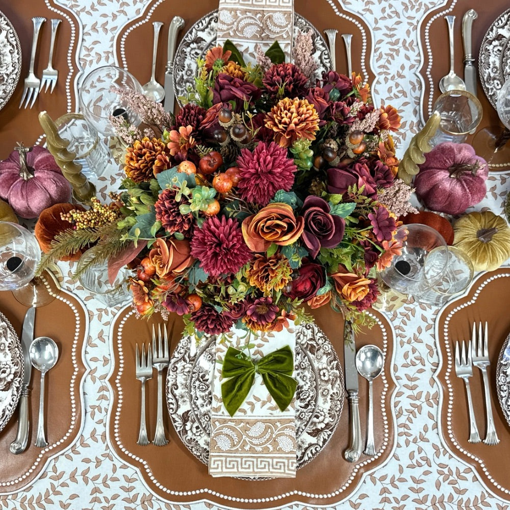 Fall Table Linens Woodland leaves tablecloth and napkin with leather Charlotte placemat and olive napkin bow- Woodland Spode china