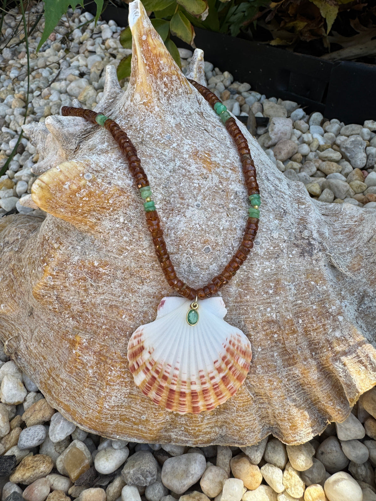 Hessonite Garnet and Chrysoprase Tourmaline Necklace with Shell Pendant