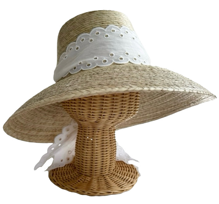 Wildflower Sun Hat in Antique Eyelet Scallop Lace Wide & Short Ribbon