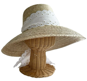 Wildflower Sun Hat in Antique Eyelet Scallop Lace Wide & Short Ribbon