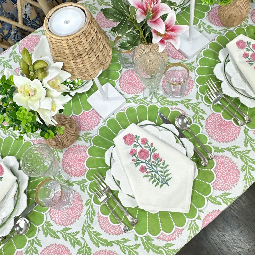 Hand block printed pink and green flower and vine floral tablecloth 