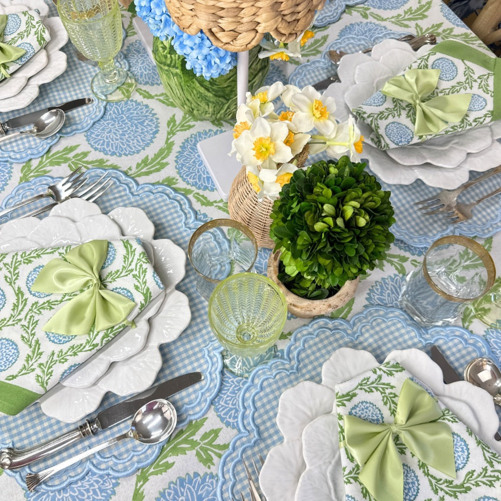 Blue floral tablecloth, gingham luxury placemat