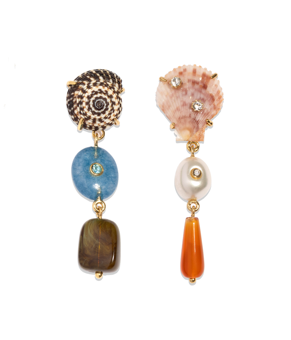 Front view of Zaria Drop Earrings showcasing three shell and stone drops with crystal accents on a black background