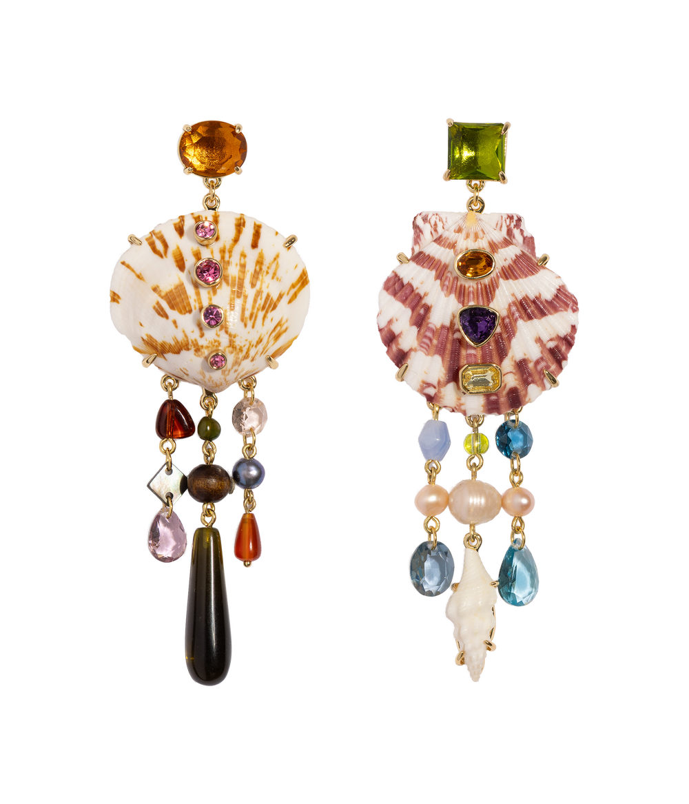 Front view of Lillia Statement Earrings showcasing asymmetrical shells, pearls, crystals, and semi-precious stones