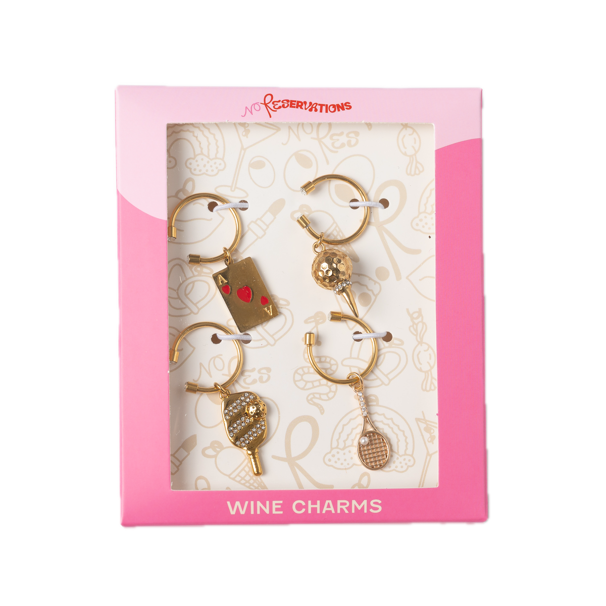 Front of Country Club wine charm set with four gold charms showing tennis, pickleball, golf ball and tee, mahjong