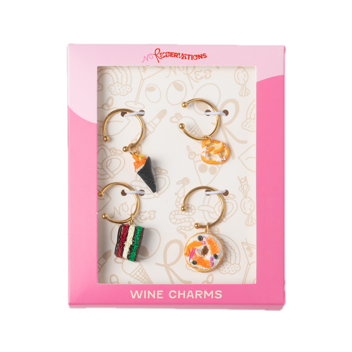 Front of set of four Foodie wine charms: enamel sushi, pretzel, rainbow cookie, and bagel with lox in pink box labeled WINE CHARMS