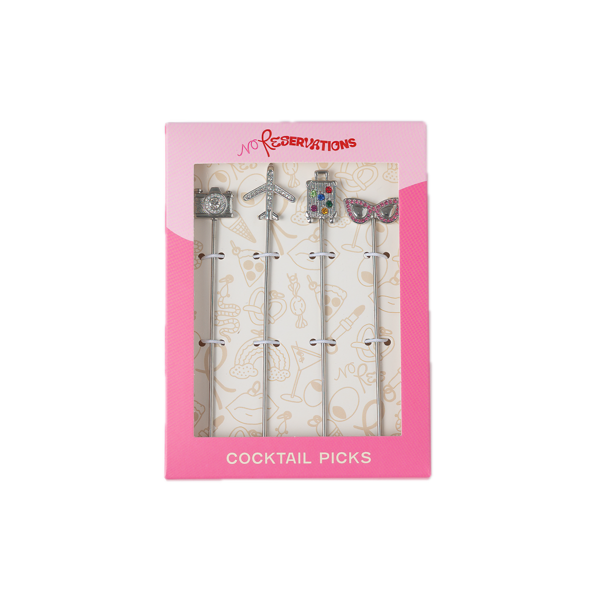 Front view of Jet Setter cocktail pick set with four stainless-steel picks topped with travel-themed charms in pink box
