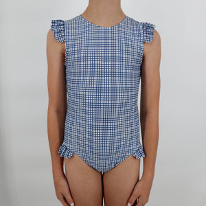 Girl’s Newport Navy Gingham Cap Sleeve Rashguard One Piece