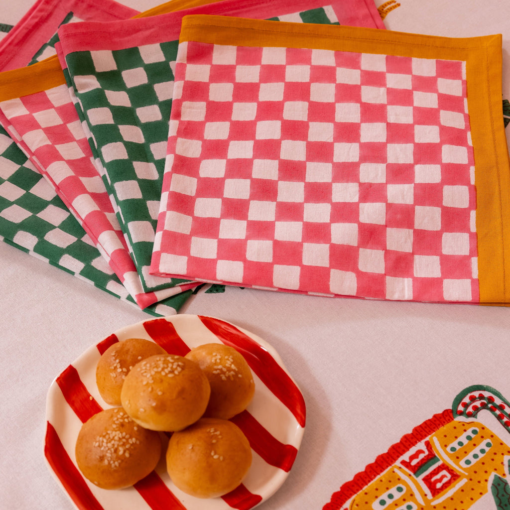 Gingham Check Pink/Mustard Napkins, Set of 4