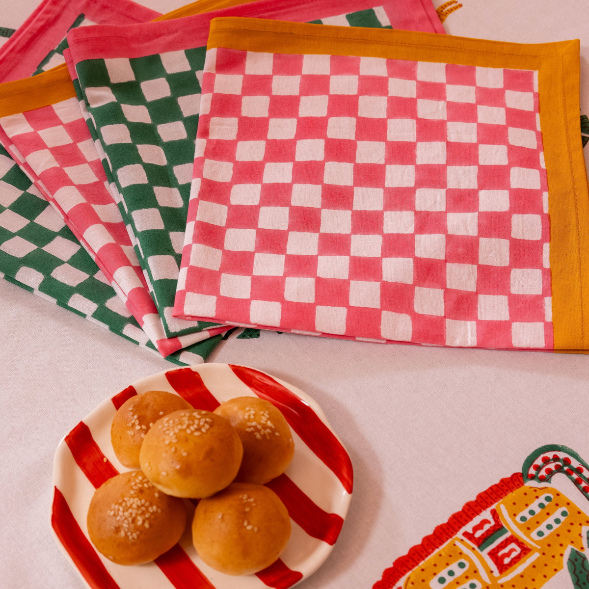Gingham Check Green/Pink Napkins, Set of 4