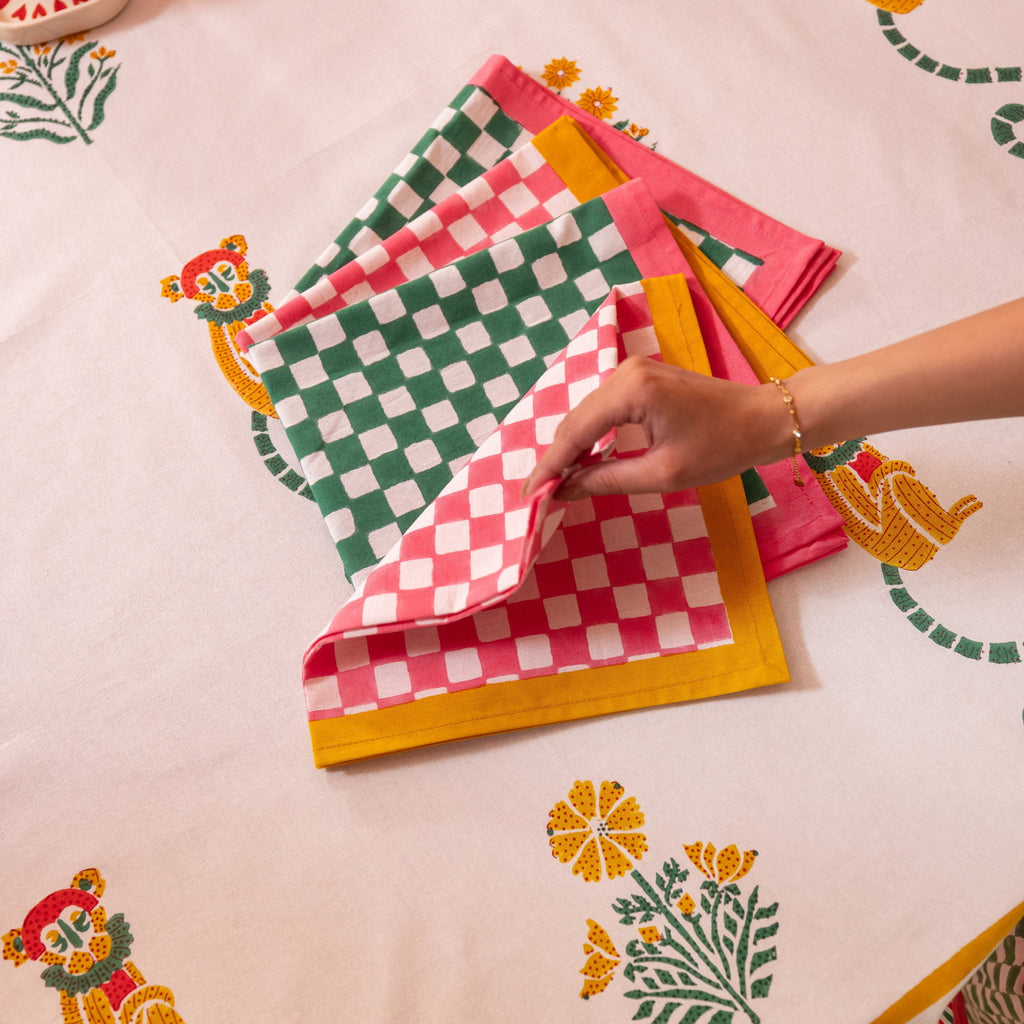 Gingham Check Pink/Mustard Napkins, Set of 4