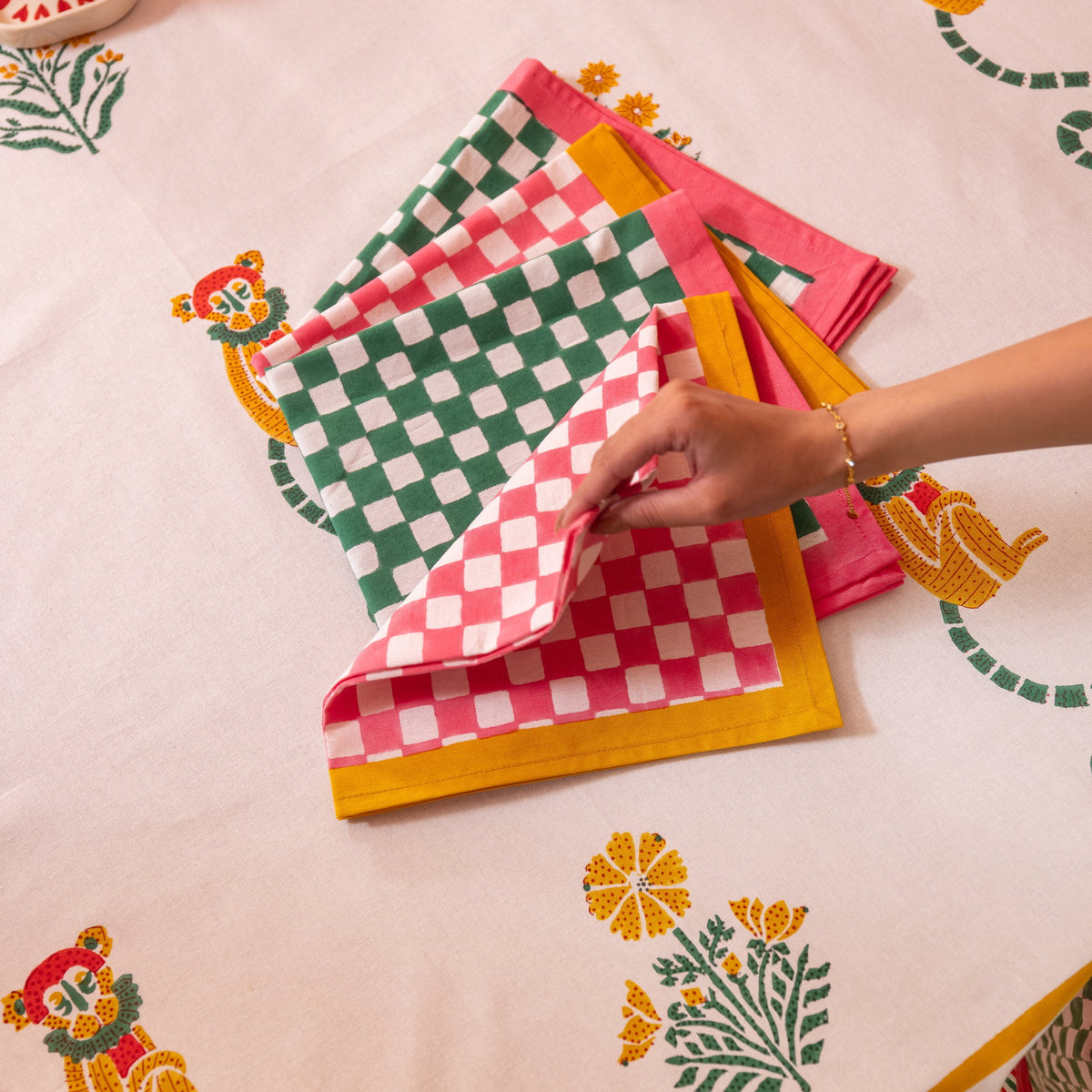 Gingham Check Pink/Mustard Napkins, Set of 4