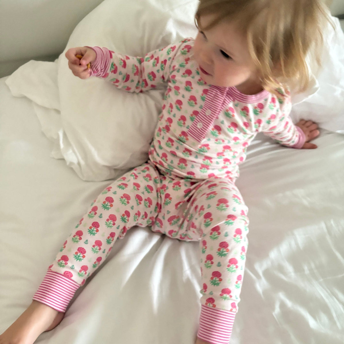 Kid's Geranium Block Two Piece Henley Pajamas in Pink