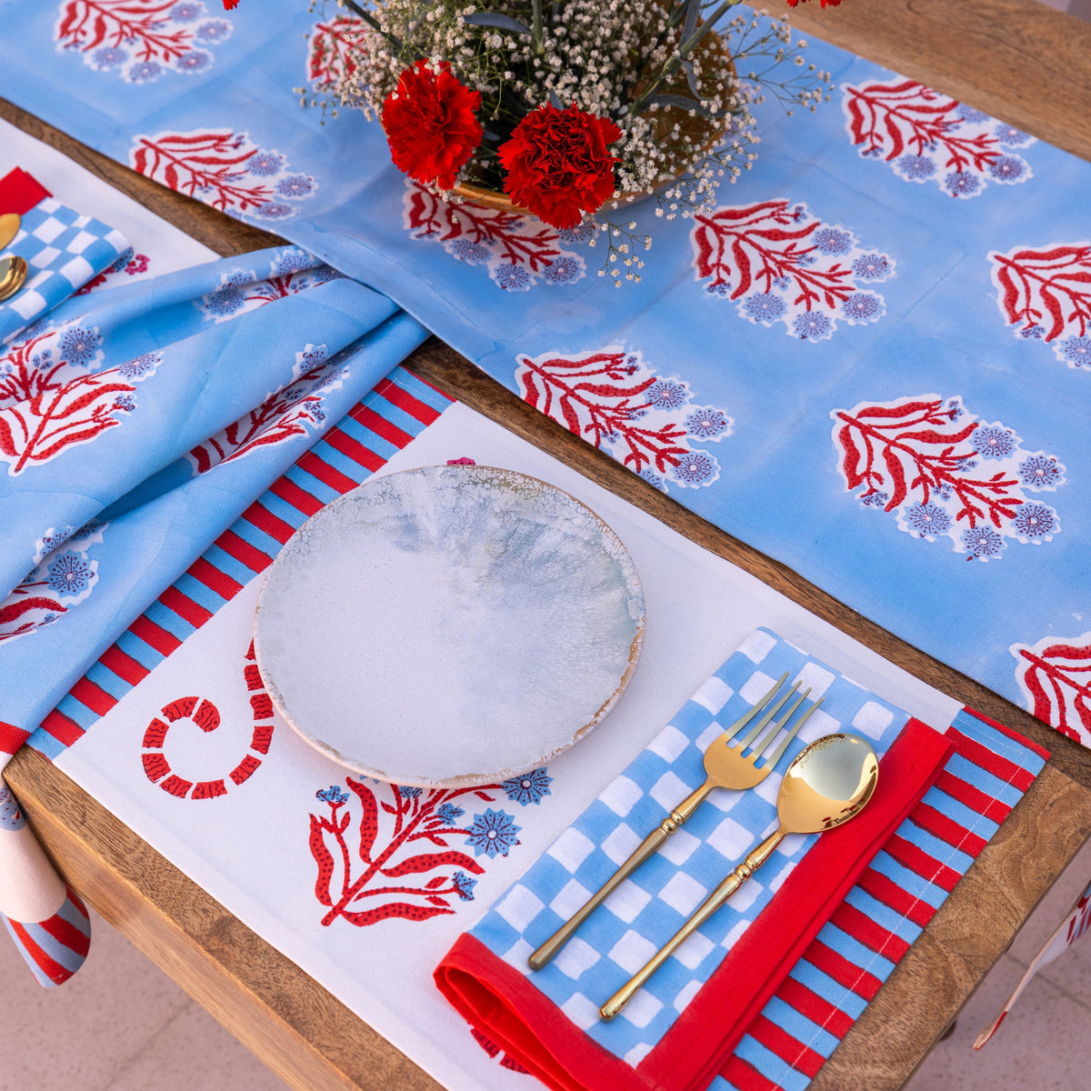 Gingham Check Blue/Red Napkins, Set of 4