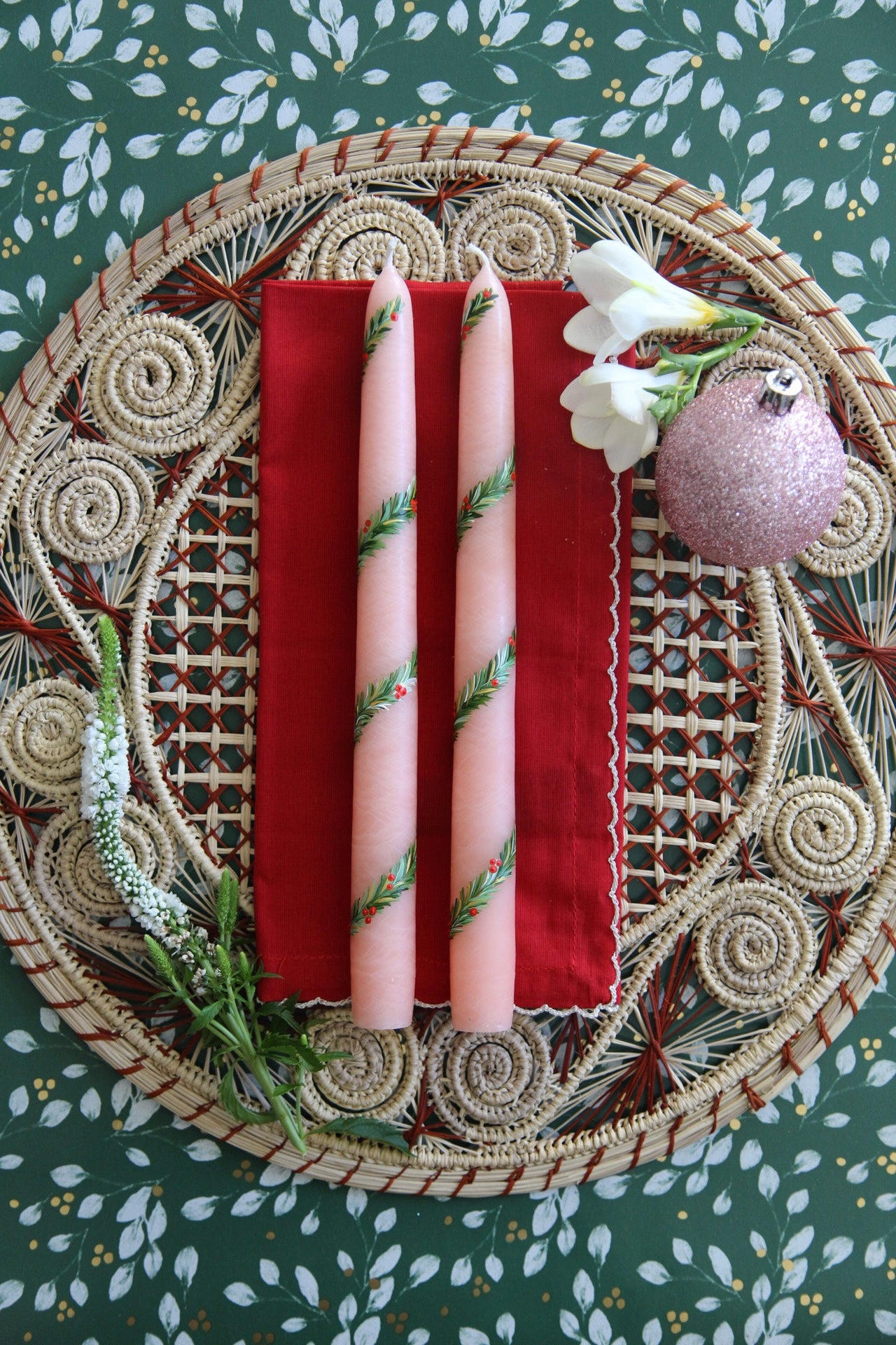 Pink Garland and Berry Hand-Painted Taper Candles, Set of Two