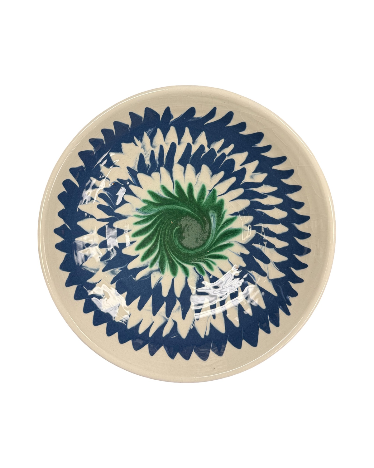 Top view of Ariadne Pasta Bowl in Blue and Green showcasing hand-painted floral pattern on white background