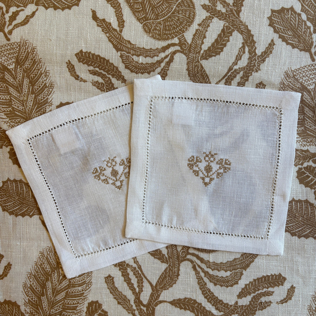 Hemstitch Cocktail Napkins with Crossed Heart Embroidery