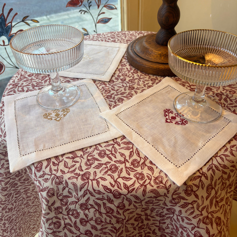 Hemstitch Cocktail Napkins with Crossed Heart Embroidery