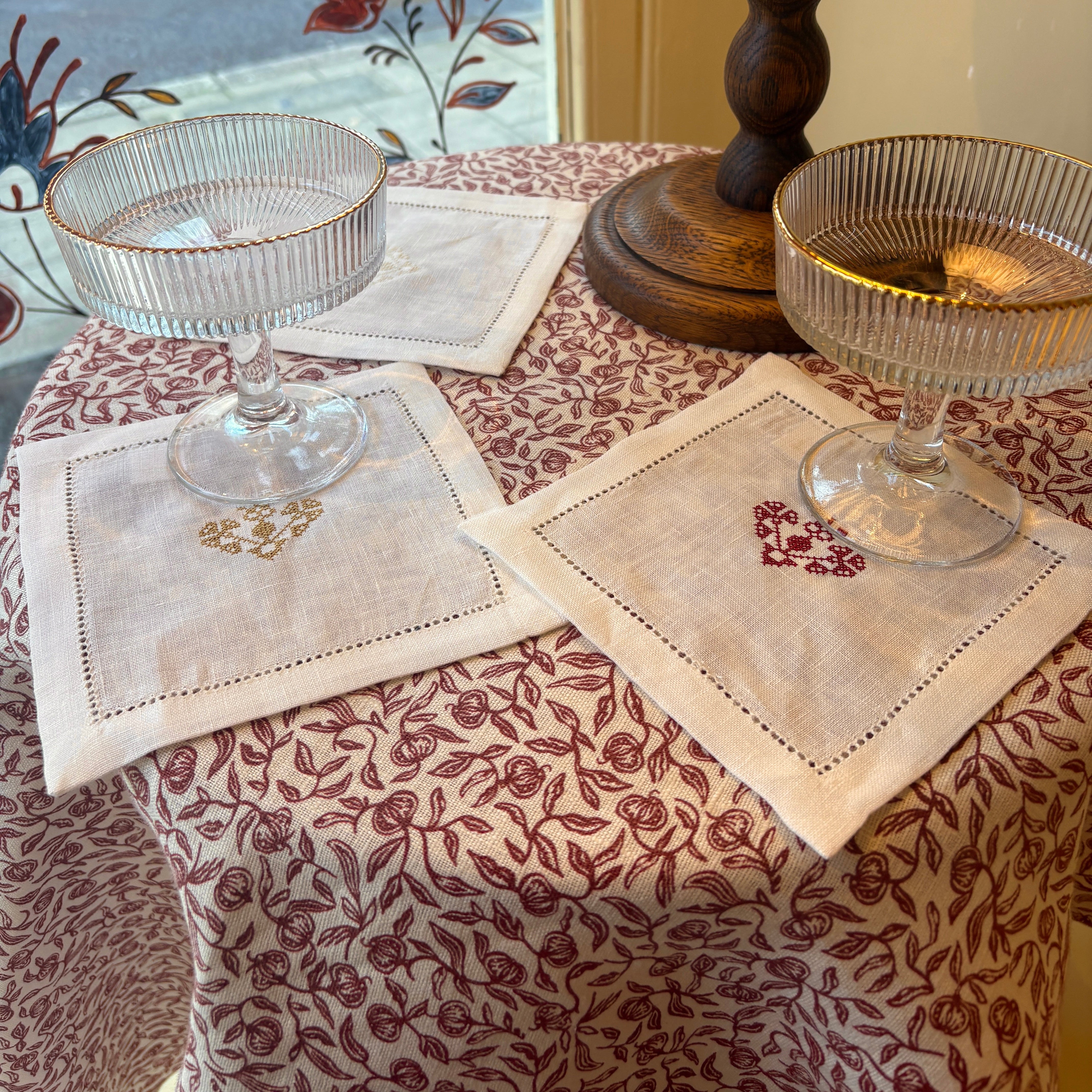 Hemstitch Cocktail Napkins with Crossed Heart Embroidery