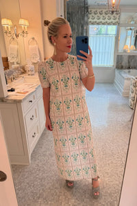 Hunter Bell wearing the Valerie Dress in pink trellis.