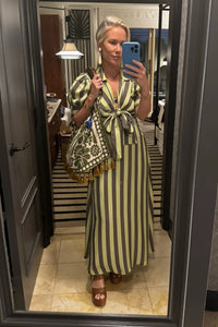Hunter Bell in the Iris Dress in Evergreen Stripe.