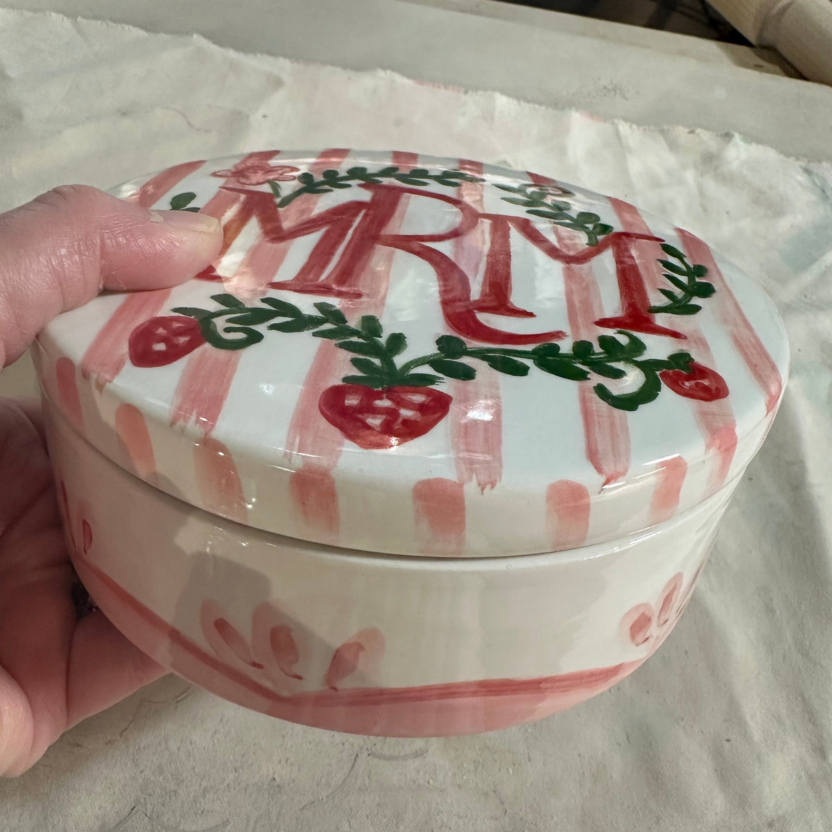 Round Keepsake Box (Stripes and Strawberries) - Premium  from Tricia Lowenfield Design 