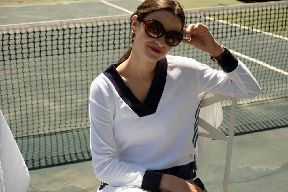 Farrah Pullover in White with Navy Trim