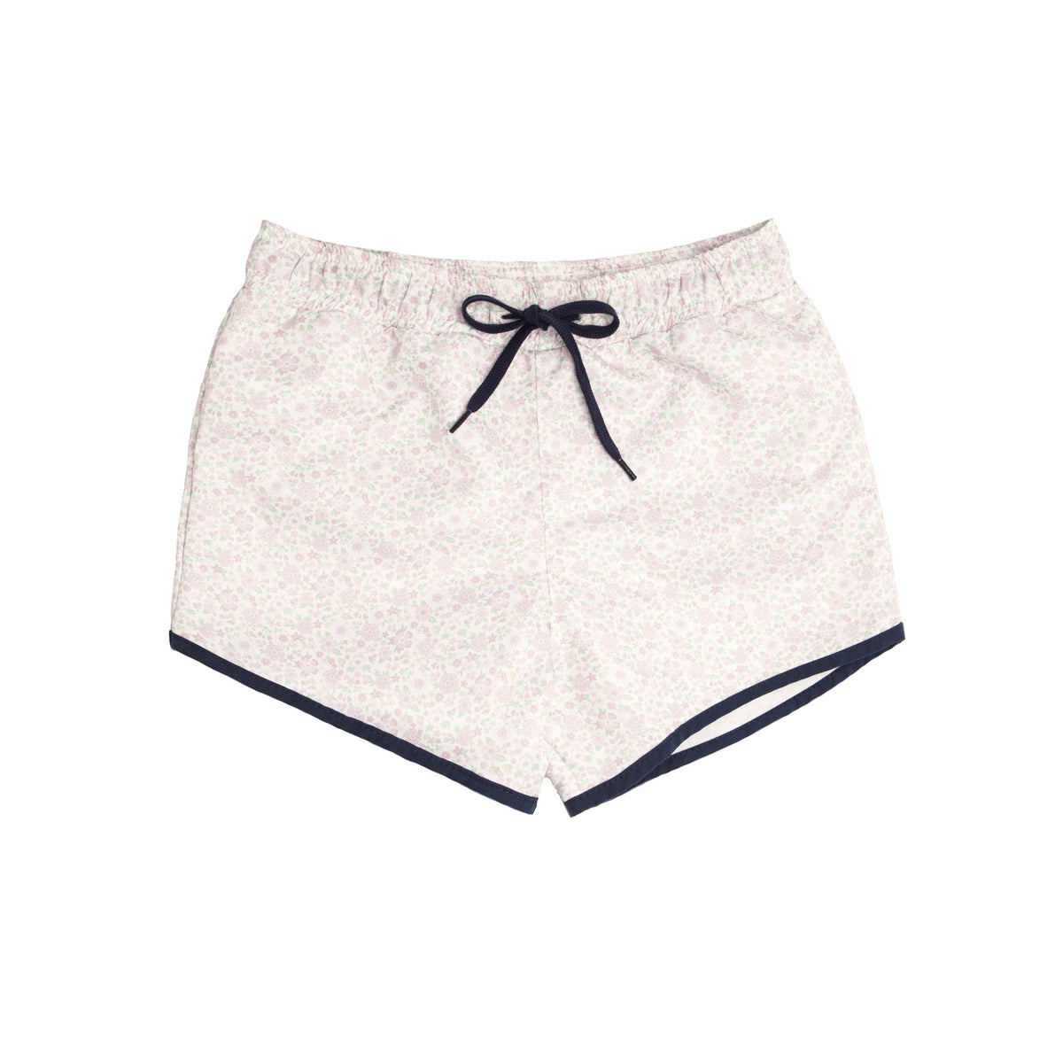 Front view of Boys Boardie in Antique Floral showcasing navy drawstring and binding with white background