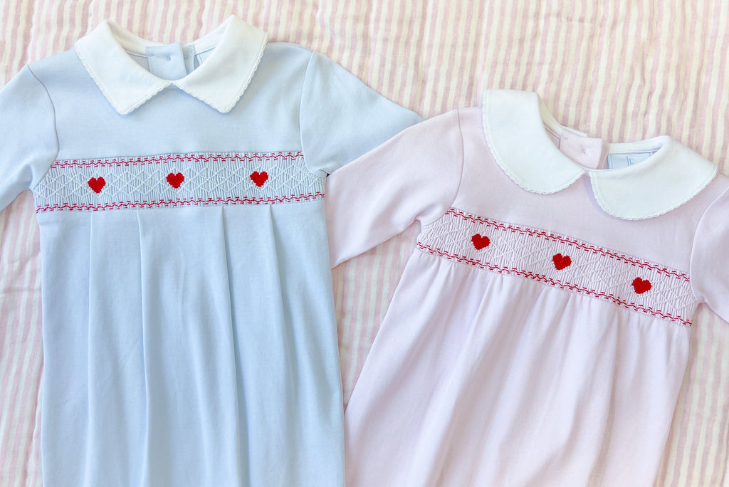 Little English baby footies with red heart smocking