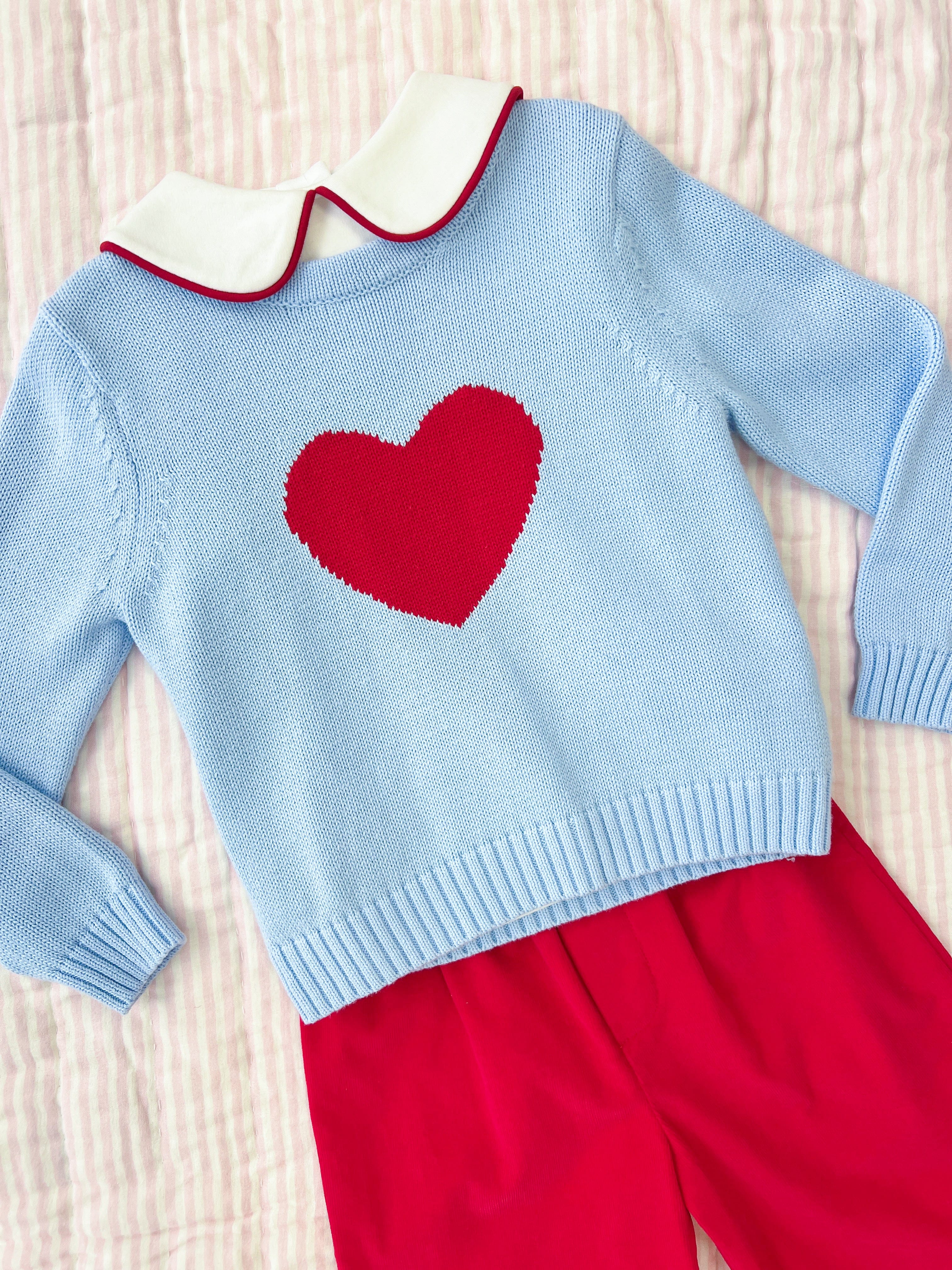 Little English light blue intarsia sweater with red heart for Valentine's Day