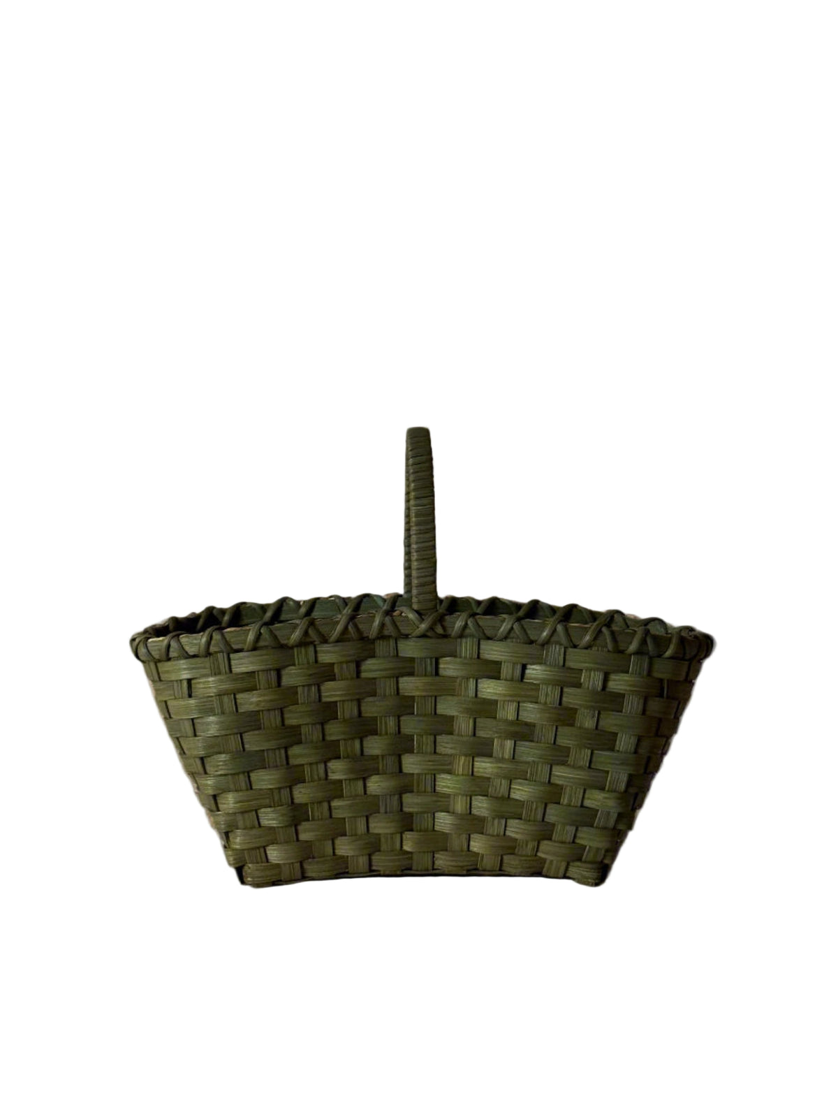 Woven basket with a handle on a plain background